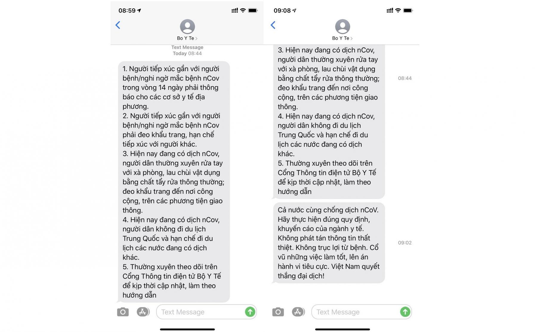 Bộ Y Tế nhắn tin khuyến cáo để người dân phòng dịch cúm Coronavirus