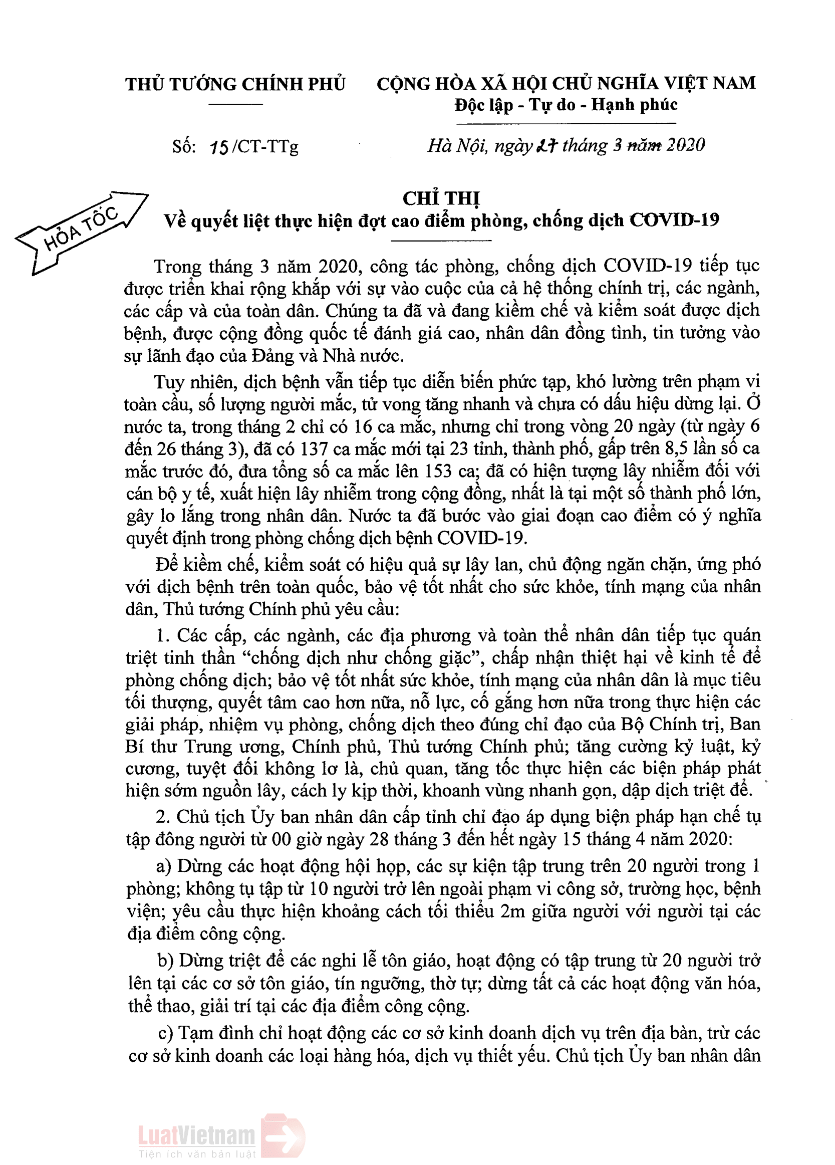 Thủ tướng: Tạm đình chỉ cơ sở kinh doanh dịch vụ đến 15-4